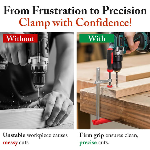 Built Tough Heavy Duty F Clamps Pack A Knockout 630 Pound Grip holding wood securely for precise drilling.