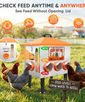 Total Game Changer 55 Pound Automatic Chicken Feeder With Eight Deep Ports And A Quick Peek Window, shown in backyard with chickens.