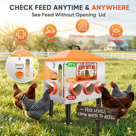Total Game Changer 55 Pound Automatic Chicken Feeder With Eight Deep Ports And A Quick Peek Window, shown in backyard with chickens.