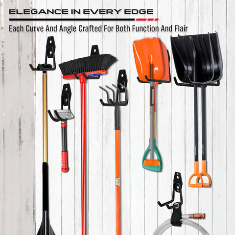 Heavy Duty Garage Tool Hook Set, 15-Piece Wall Mount Organizer holding various garden tools on a wall