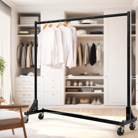 Industrial Grade Z Base Garment Rack With Beefy 500 Pound Capacity And 63 Inch Extra Long Bar Black Finish in a closet