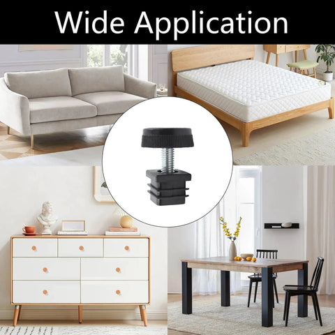 8Pcs Adjustable Leveling Feet Square Insert Kit For Cabinets Sofas Tables And Chairs Black 20x20mm Inserts in various furniture scenes