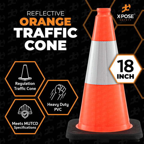 18 Inch Orange Traffic Cones With 6 Inch Collar, 4 Pack Heavy Duty Multipurpose PVC Safety Cones For Parking, Soccer, Caution, Kids, Construction, And DOT Approved.
