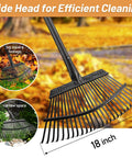 Heavy Duty Leaf Rake With 18 Inch Wide Head And 25 Metal Tines, Adjustable 36 To 78 Inch Handle in autumn leaves