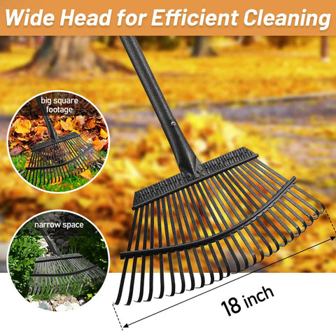 Heavy Duty Leaf Rake With 18 Inch Wide Head And 25 Metal Tines, Adjustable 36 To 78 Inch Handle in autumn leaves