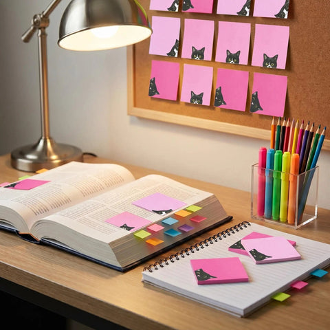 Black Cat Sticky Notes 3 By 3 Inch Set Stick Like Crazy For Back To School And Office Use Self Stick Memo Pads on a desk setup