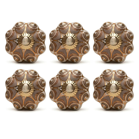 Pack of 6 Handmade Ceramic Pumpkin Knobs with Gold Design, Boho Style for Cabinets, Dressers, Wardrobes, Rustic Decor