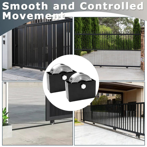 4 Inch V Groove Sliding Gate Roller Wheels 2 Pack featuring rugged steel construction mounted on sliding gates for smooth glide.