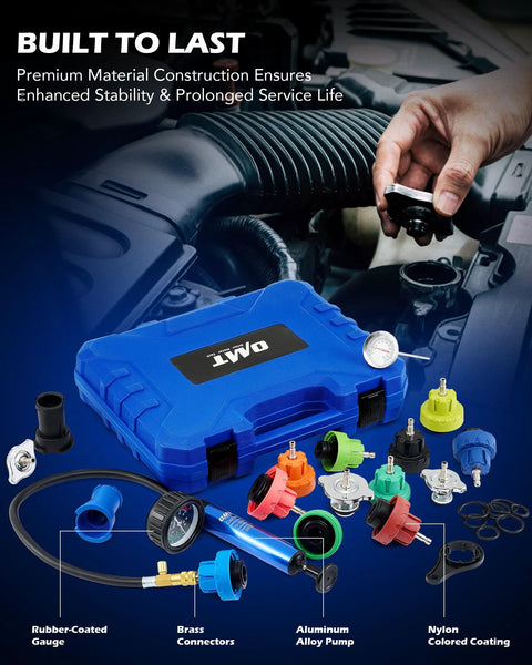 Orion Motor Tech coolant pressure tester kit, blue plastic case, 19-piece set with radiator adapters and vacuum pump