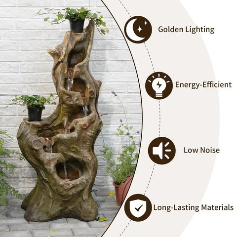 Outdoor 5 Tier Cascading Water Fountain With Realistic Tree Trunk Look, Resin Imitation Wood, LED Accent Lights garden decor