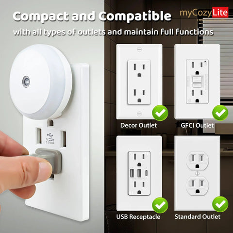 Amber Night Light Plug In Dusk To Dawn Sensor shown compatible with decor, GFCI, USB, and standard outlets