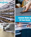 Collage showing manufacturing of sun shade sails with fabric cutting, sewing machine, custom label, and U.S. Made badge