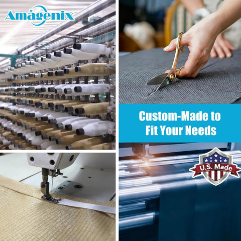 Textile manufacturing process showing fabric rolls, cutting, and sewing with emphasis on U.S. made products.