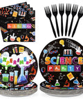 96 Piece Science Party Tableware Set With 24 9 Inch Plates 24 7 Inch Plates 24 Napkins And 24 Forks Durable 350 GSM Disposable Dinnerware