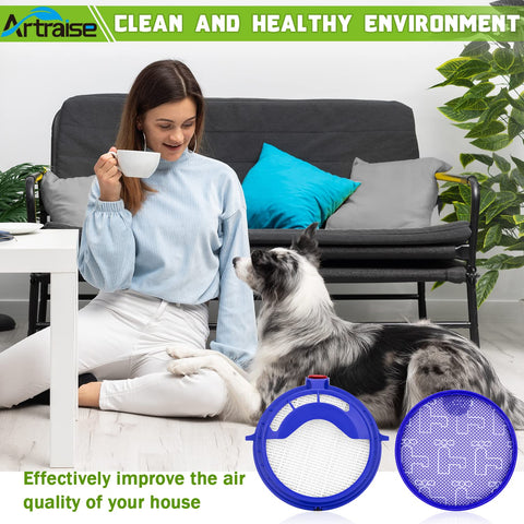 Woman with dog and DC25 Ball Vacuum Filter Replacement Kit With 2 Pre Motor Filters And 2 Post Motor HEPA Filters Fits All DC25 Models