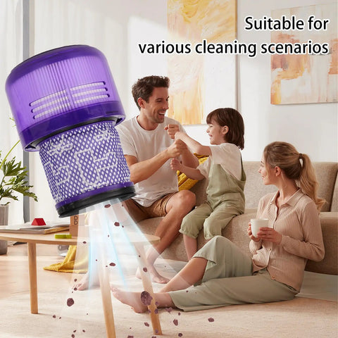 4 Pack Vacuum Filters Replacement Set For V11 Torque Drive V11 Animal V11 Complete V11 Extra V15 Detect And V15s Detect Submarine Replaces 970013-02 And 970013-03 Dope Filtration Kit For Cordless Vacuum Cleaners in use in living room with family enjoying clean air.
