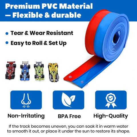 Flexible Fifteen Foot Race Car Track Set For Kids with red and blue PVC track, compatible with 1/64 diecast cars.
