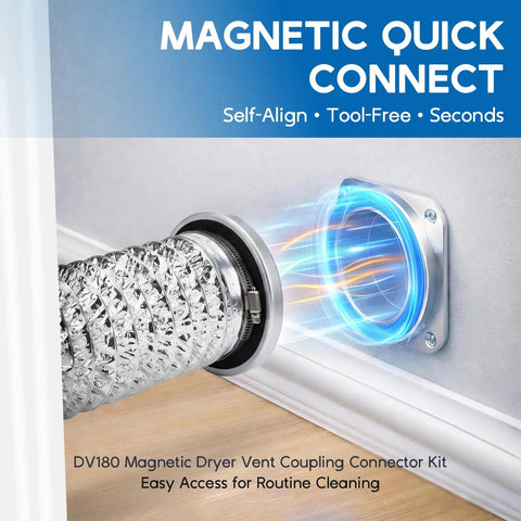 Magnetic Dryer Vent Connector Kit with Quick Connection, showing 2.6 ft hose aligned with wall vent for universal fit.