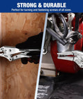 2-Piece Locking Pliers Set With 6.5 Inch Long Nose And 10 Inch Curved Jaw For Boss Grip in use on wood and metal surfaces