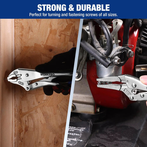 2-Piece Locking Pliers Set With 6.5 Inch Long Nose And 10 Inch Curved Jaw For Boss Grip in use on wood and metal surfaces