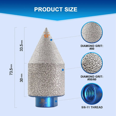 Pro Grade Diamond Beveling Chamfer Bit For Tile Holes, Diamond Finger Milling Bit 0 To 1 3/8 Inch, 5/8-11 Thread, Grit 50/60