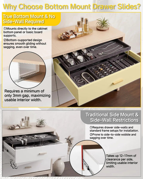 Tough As Nails Soft Close Bottom Mount Drawer Slides Full Extension 16 Inch showcasing jewelry storage and bottom mount design.