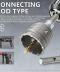 Tough Four Inch Concrete Hole Saw With Slick Quick Release Auto Lock Sds Plus Shank, gray metal drill bit connected to power tool.