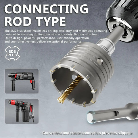 Tough Four Inch Concrete Hole Saw With Slick Quick Release Auto Lock Sds Plus Shank, gray metal drill bit connected to power tool.