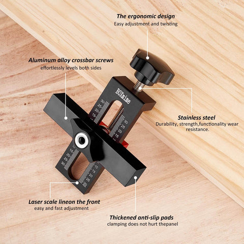 Cabinet Door Mounting Jig With Adjustable Positioner And Drill Jig 2-In-1 Cabinet Hardware Tool showing aluminum and stainless steel features