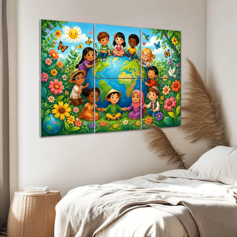 6 Pack Sound Absorbing Acoustic Wall Panels With Totally Dope Floral Butterfly And World Globe Design For Home Recording Studios Self Adhesive Noise Blocking Acoustic Tiles Ready For Any Chill Setup, depicting children around a globe.