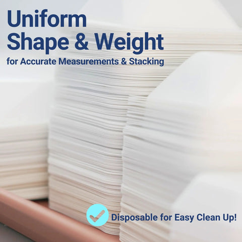 Disposable 330mL Weigh Boats Pack Of 125 Large Plastic Weighing Dishes For Lab Use Food Safe Antistatic Polystyrene Great For Measuring Powders Liquids Supplements And Food Samples With Easy Cleanup stacked white disposable weigh boats