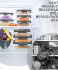 10-Pack Glass Food Storage Containers With Tempered Lids For Meal Prep And Leftovers organized in a refrigerator with bowl of fruit
