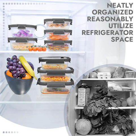 10-Pack Glass Food Storage Containers With Tempered Lids For Meal Prep And Leftovers organized in a refrigerator with bowl of fruit