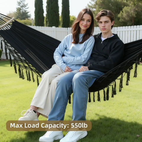 Ultra Sturdy Double Hammock With 550 Pound Capacity, 320GSM Canvas, Tassels And Fishtail Knit, Full Outdoor Accessory Set