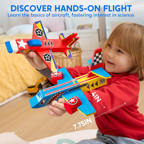 Child playing with All In One DIY Wooden Airplane Craft Kit For Kids Ages 6 To 12 Totally Kid Friendly Build Four Aircraft And Paint With Six Paint Tubs Two Brushes And Stickers Easy To Follow Instructions Great Birthday Gift For Young Builders