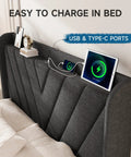 Prime Queen Platform Bed Frame Featuring Adjustable Wingback Headboard And Built In Type C Usb Charging Ports dark gray headboard with USB ports