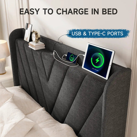 Prime Queen Platform Bed Frame Featuring Adjustable Wingback Headboard And Built In Type C Usb Charging Ports dark gray headboard with USB ports