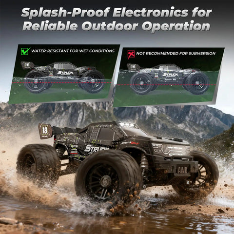 1:18 Scale 4X4 Off Road RC Truck With 2.4GHz Remote, Top Speed 36kmh, Waterproof Electronics driving through mud
