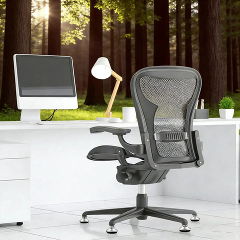 Ditch Those Dang Office Chair Casters With This 5 Pack Of Low Profile Bell Glides on a sleek office chair in a bright workspace.