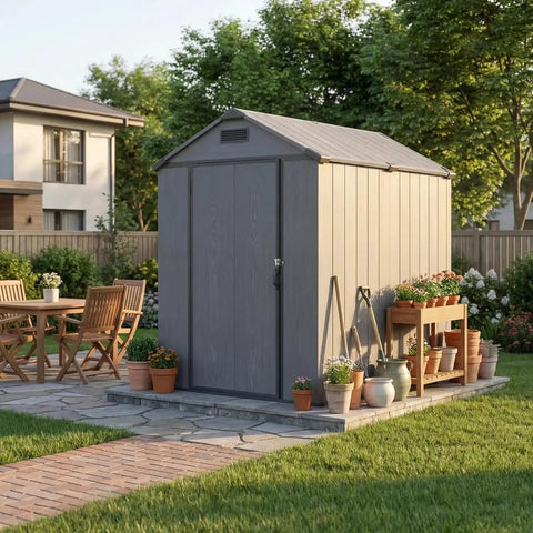 4x6 Foot Plastic Outdoor Storage Shed With Floor Lockable Door Vents UV Resistant Resin Durable Backyard Garden Shed for Lawn Mower And Gear Dark Grey in a garden setting