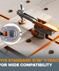 Badass Auto Adjust T Track Clamp Built For Standard 5 16 Inch T Slot in use, showing 360-degree rotation and tight lock.