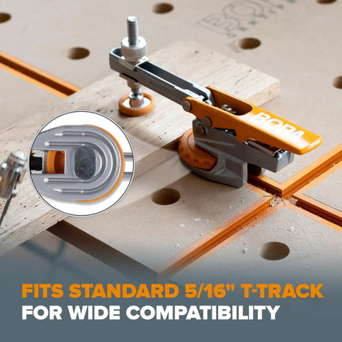 Badass Auto Adjust T Track Clamp Built For Standard 5 16 Inch T Slot in use, showing 360-degree rotation and tight lock.