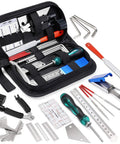 All In One 25 Piece Guitar Repair Kit With Carry Case For Acoustic Electric Ukulele Bass Banjo Tools displayed in black case