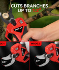Heavy Duty 4 In 1 Cordless Pole Saw And 8 Inch Electric Chainsaw With Badass Pruning Shears Plus Two Long Lasting Batteries For Tough Outdoor Gardening Tasks showing pruning shear cutting branches up to 1.2 inches.