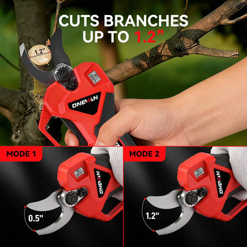 Heavy Duty 4 In 1 Cordless Pole Saw And 8 Inch Electric Chainsaw With Badass Pruning Shears Plus Two Long Lasting Batteries For Tough Outdoor Gardening Tasks showing pruning shear cutting branches up to 1.2 inches.