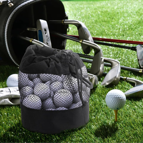 2 Pack Go-To Golf Ball Storage Bags With Nylon Mesh Pouches Drawstring Golf Bag Organizer on grass with golf clubs