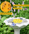 5 Pack Floating Bee Islands With 6.5 Inch EVA Flower Shaped Watering Stations in a garden bird bath with bees and butterflies