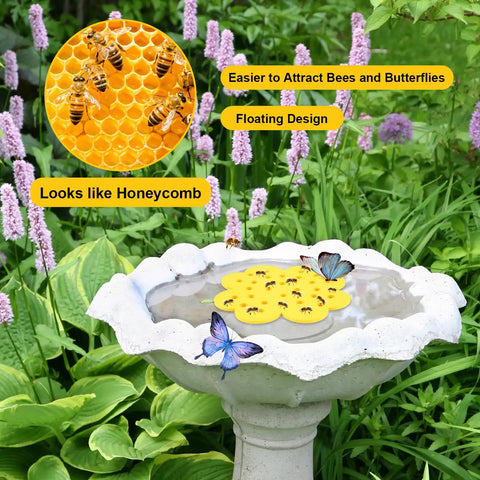 5 Pack Floating Bee Islands With 6.5 Inch EVA Flower Shaped Watering Stations in a garden bird bath with bees and butterflies