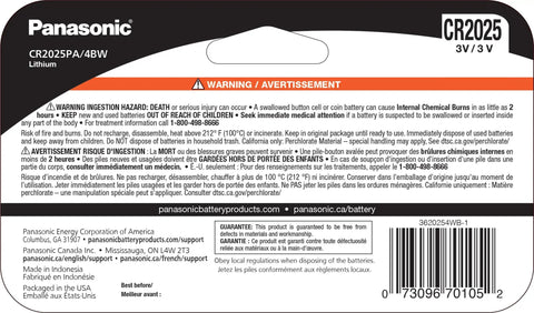 Panasonic CR2025 battery packaging showing warning labels and safety information for the Premium CR2025 3V Lithium Coin Cell Batteries.