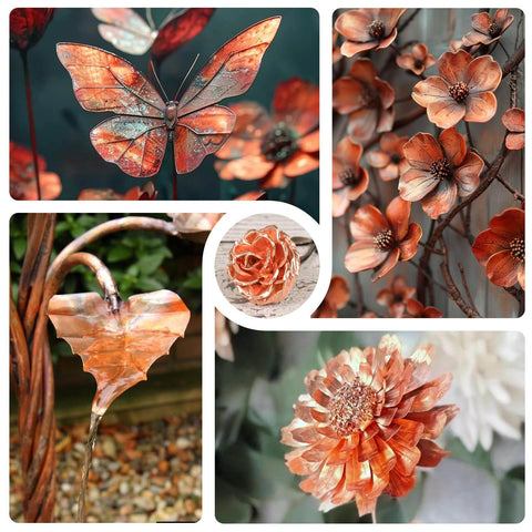 Four Pack Copper Sheets 8 By 8 Inches 24 Gauge 0.5mm With Double Sided Protective Film showing copper art flowers and butterfly decor